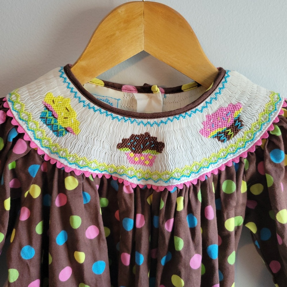 Marmellata Girl's 4T Smocked Brown Multi-Color‎ Polka Dot Cupcake Birthday Dress